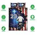 Motocross quilt bedding set shown flat with dirt bike artwork, patriotic graphics, and product feature icons