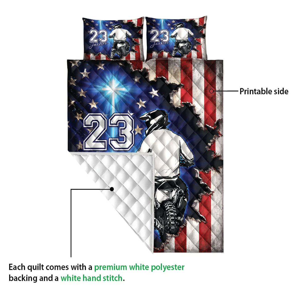 Motocross quilt blanket detail showing the printed rider design and white quilted backing
