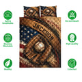 Baseball quilt bedding set shown with glove and ball artwork alongside product feature icons