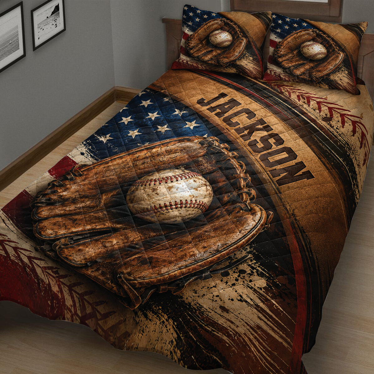 Close view of baseball quilt blanket featuring a large glove, baseball, stars, and distressed patriotic design