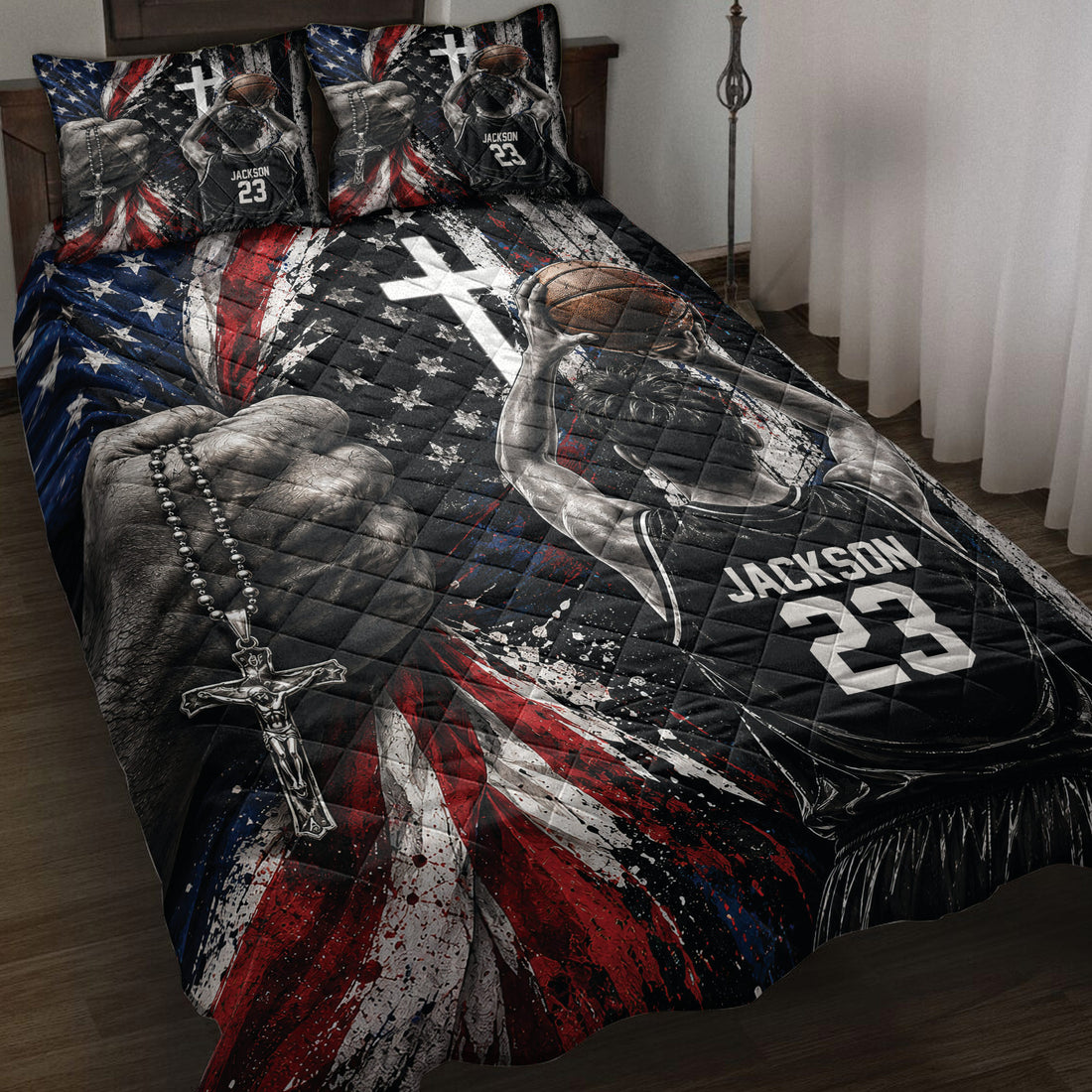 Basketball quilt blanket displayed on a bed with red, white and blue artwork, player imagery and faith-inspired graphics