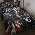 Basketball quilt blanket displayed on a bed with red, white and blue artwork, player imagery and faith-inspired graphics