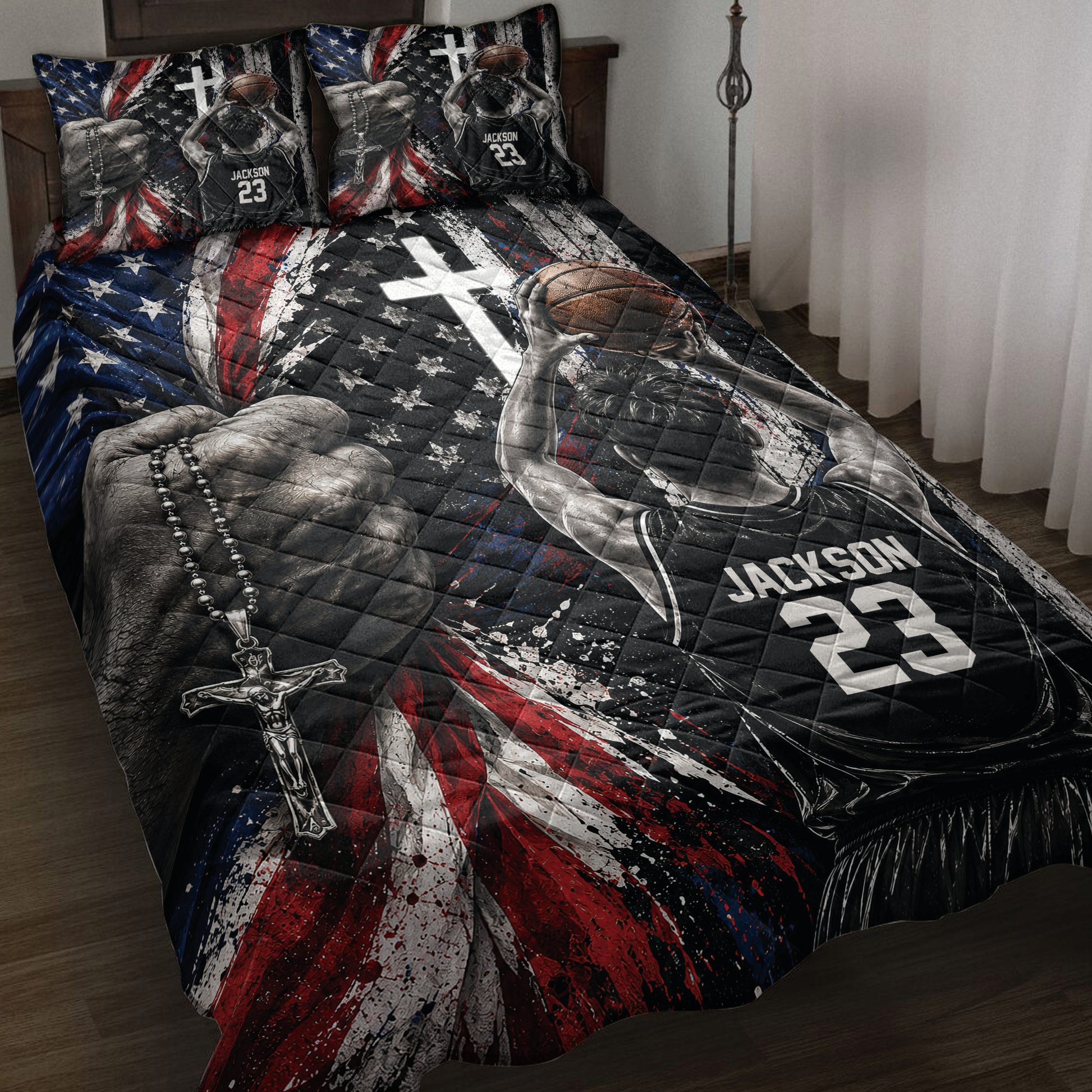 Basketball quilt blanket displayed on a bed with red, white and blue artwork, player imagery and faith-inspired graphics
