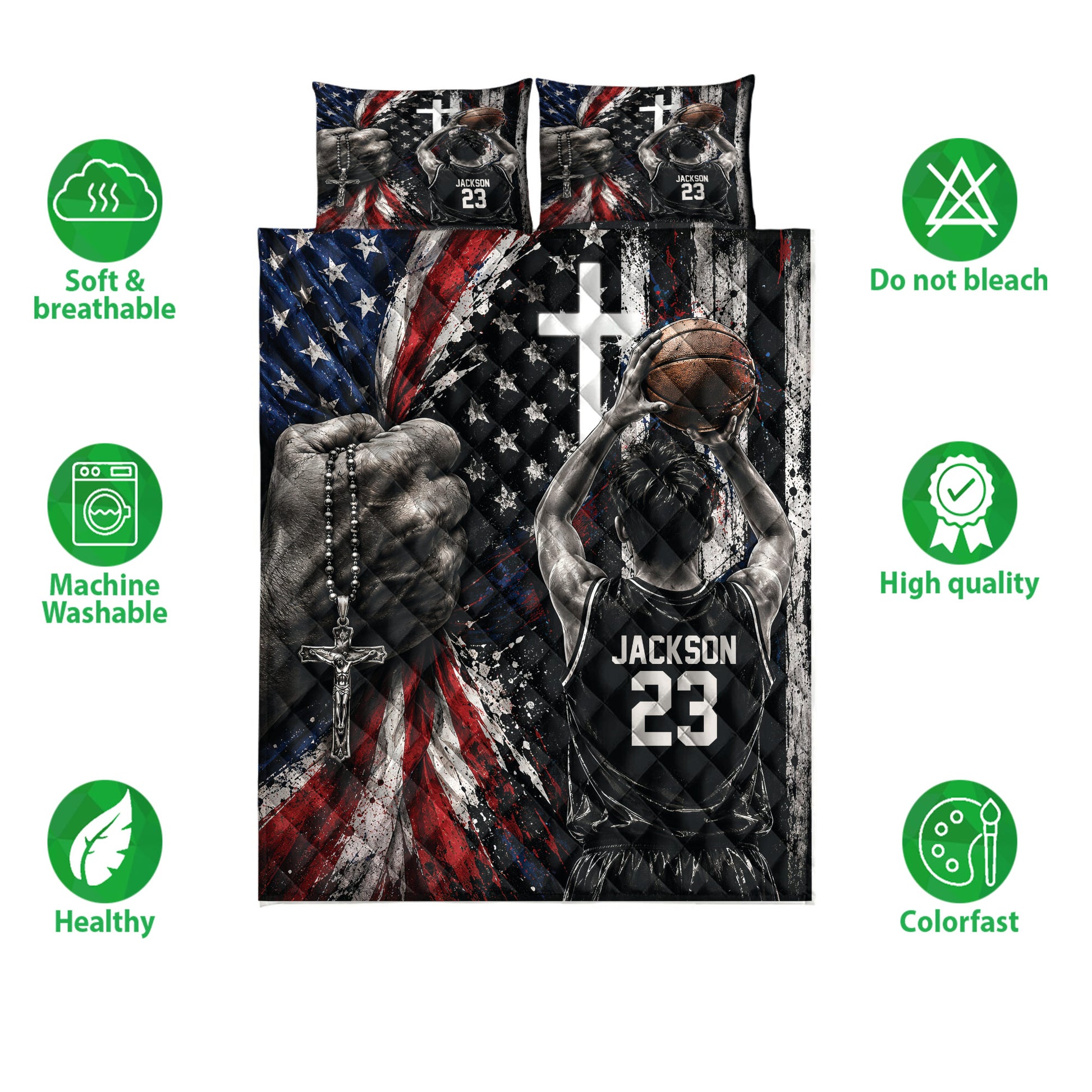 Basketball quilt bedding set displayed flat with patriotic colors, player artwork and product feature icons