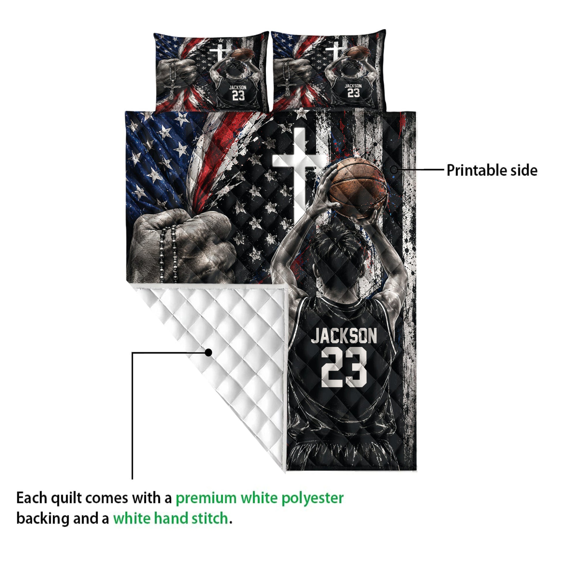 Basketball quilt shown with its printed front and white quilted backing for a close-up construction view