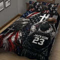 Close-up basketball quilt blanket featuring a player with a basketball and dramatic patriotic sports artwork