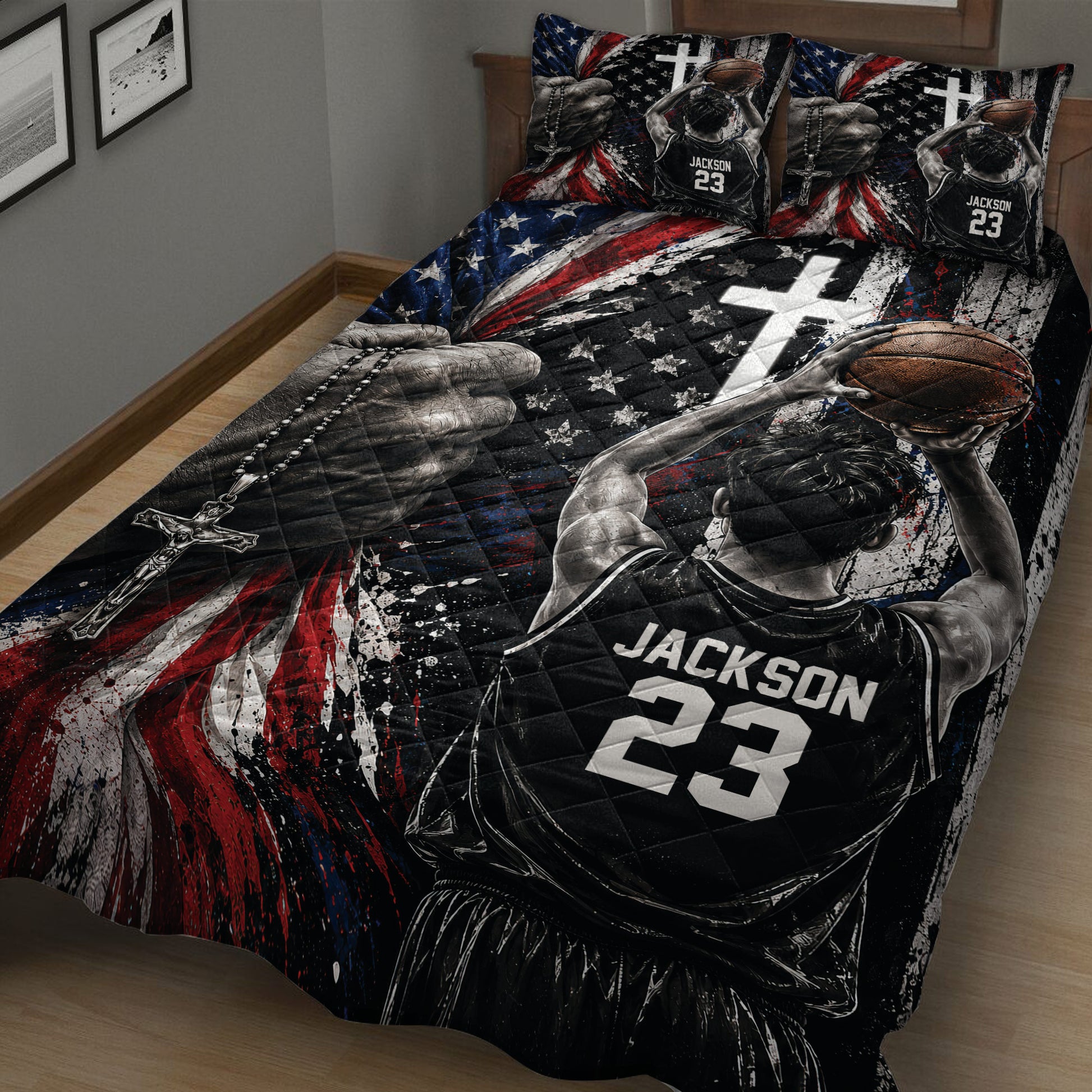 Close-up basketball quilt blanket featuring a player with a basketball and dramatic patriotic sports artwork