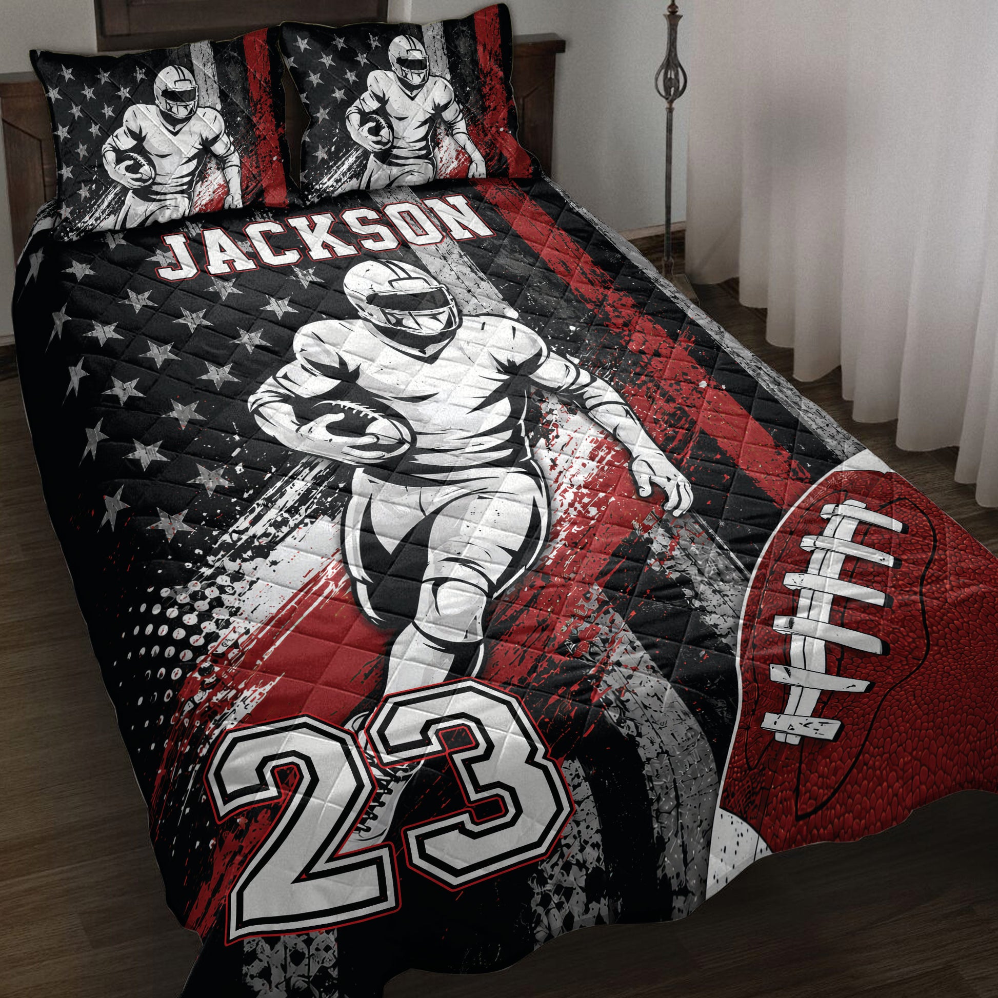 Football quilt bedding set displayed on a bed with red, black, and white player artwork