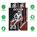 Football quilt bed set presentation with player artwork, stars, football graphics, and feature icons