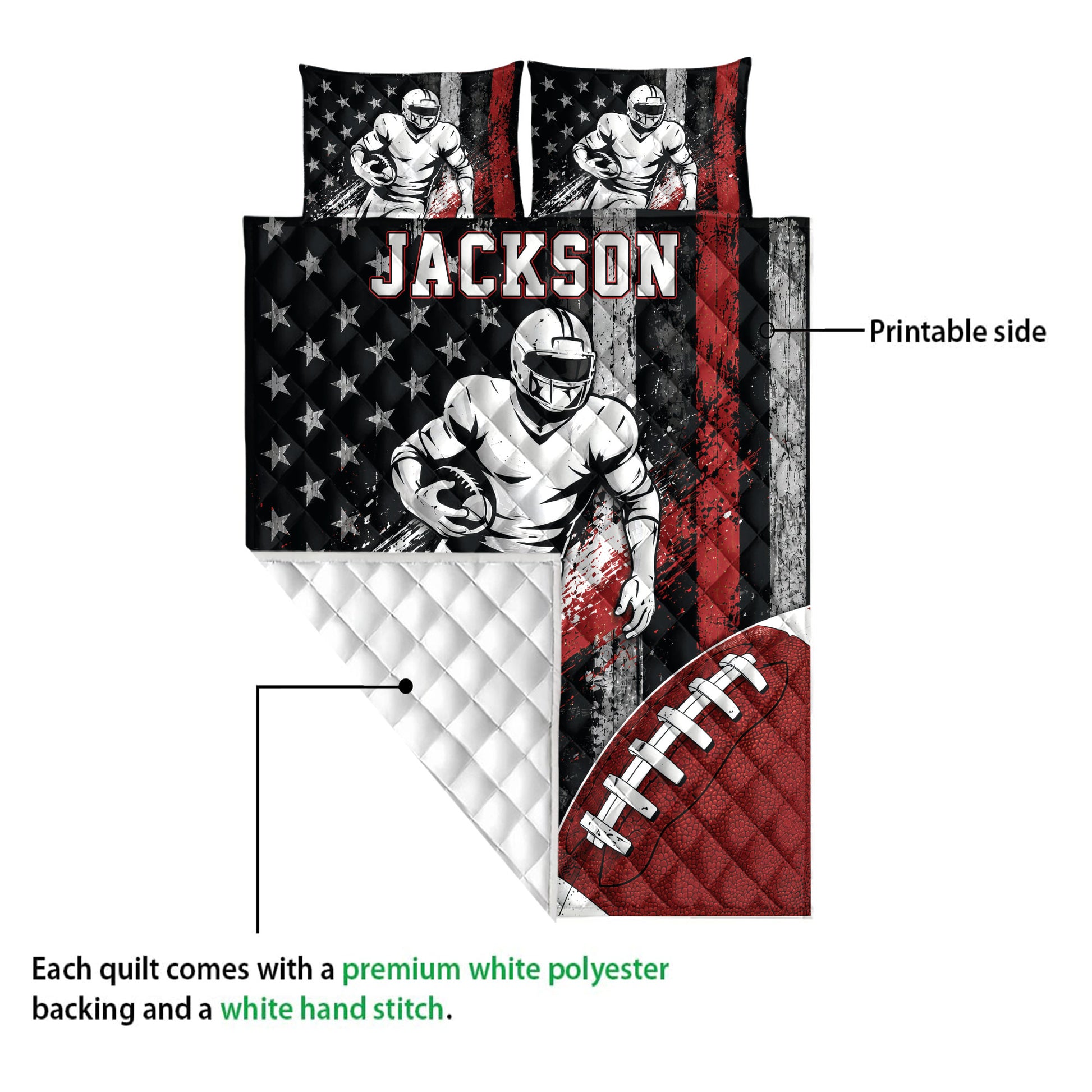 Football quilt showing the printed front and white quilted backing in a construction detail view