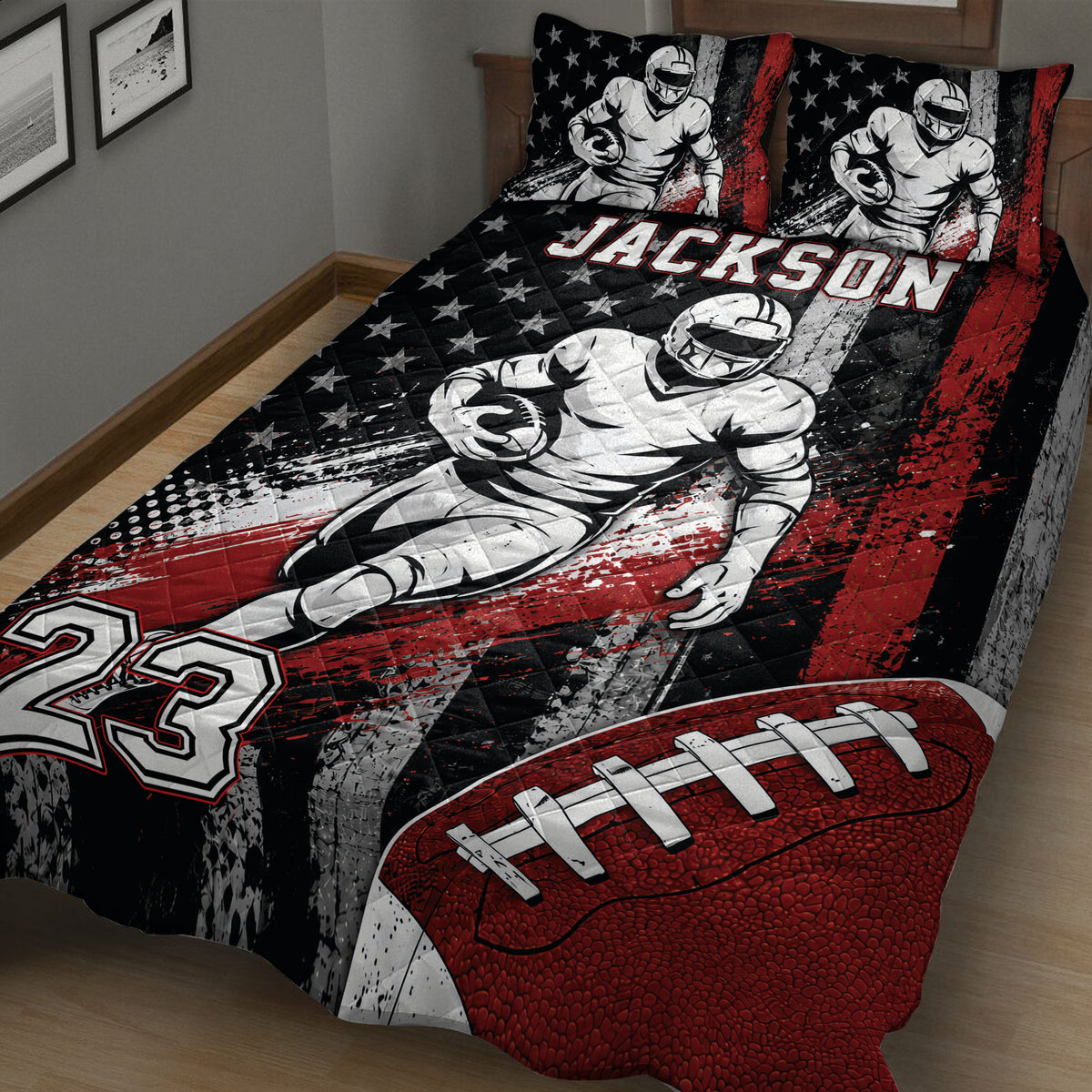Close bedroom view of a football quilt with player artwork, stars, football graphics, and bold colors