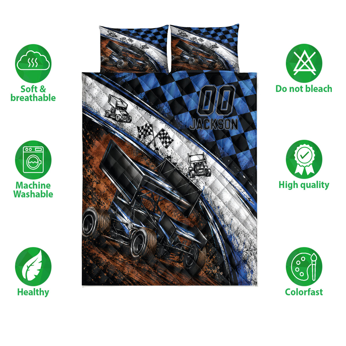 Dirt track racing quilt bedding set shown with sprint car artwork, checkered flags, and blue orange racing colors