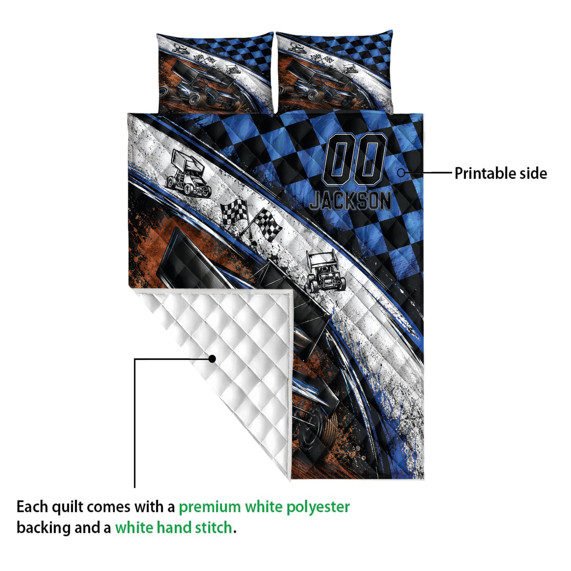 Dirt track sprint car quilt showing the printed racing design and quilted reverse side