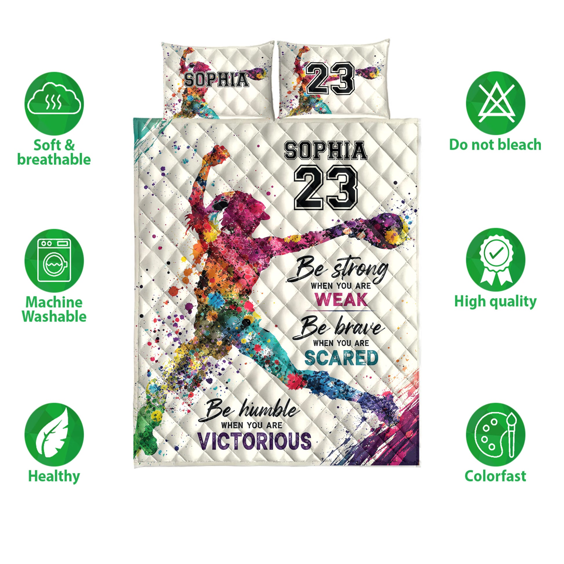 Softball quilt bedding set shown with colorful player artwork and soft, breathable product feature icons