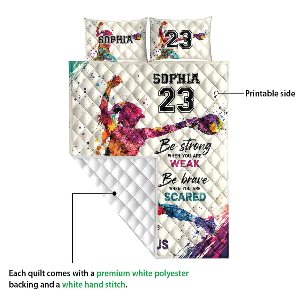 Softball quilt blanket detail showing the printed player artwork and white quilted backing