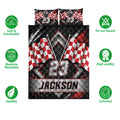 Racing quilt bedding set displayed with red and white checkered flags and black, silver, and red artwork