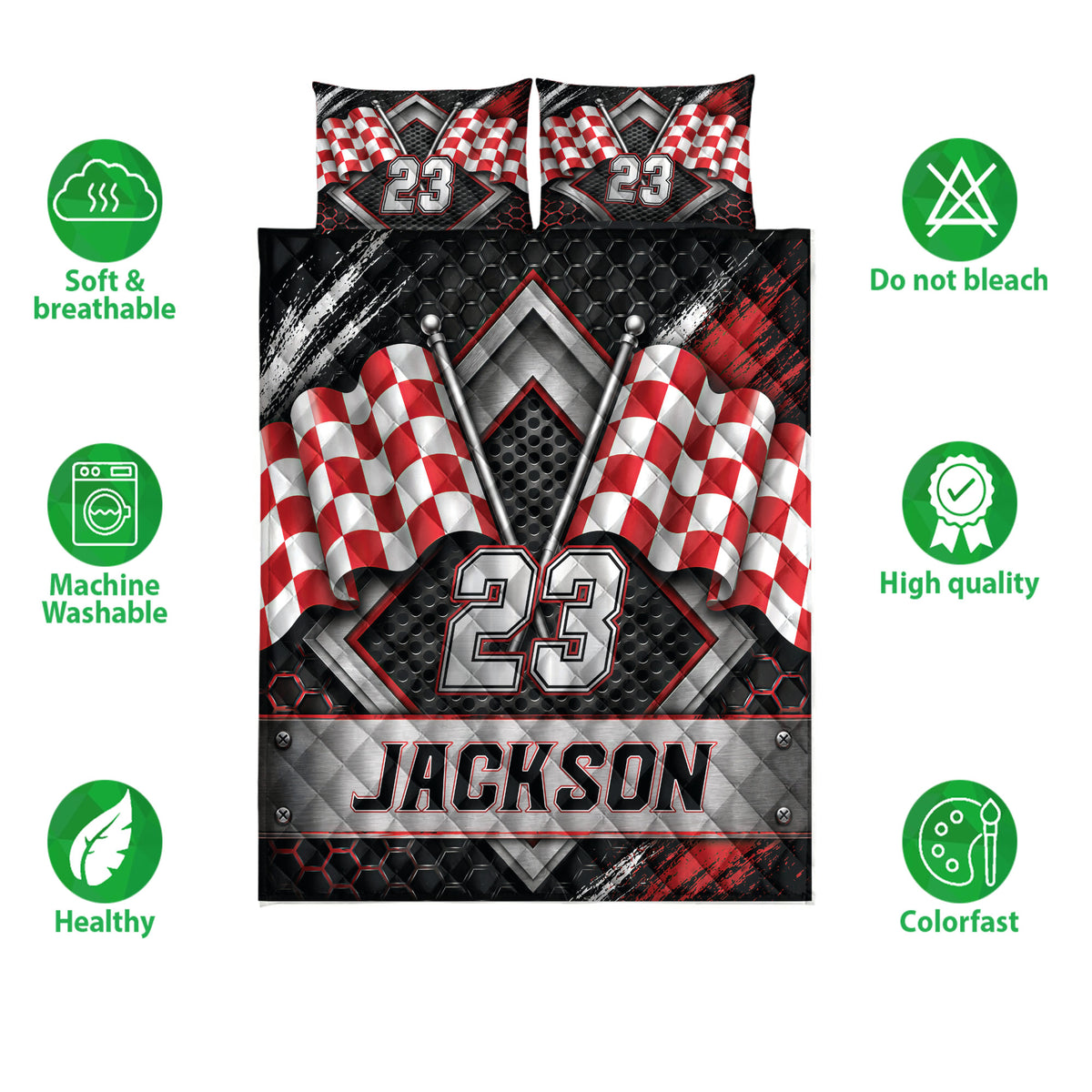Racing quilt bedding set displayed with red and white checkered flags and black, silver, and red artwork