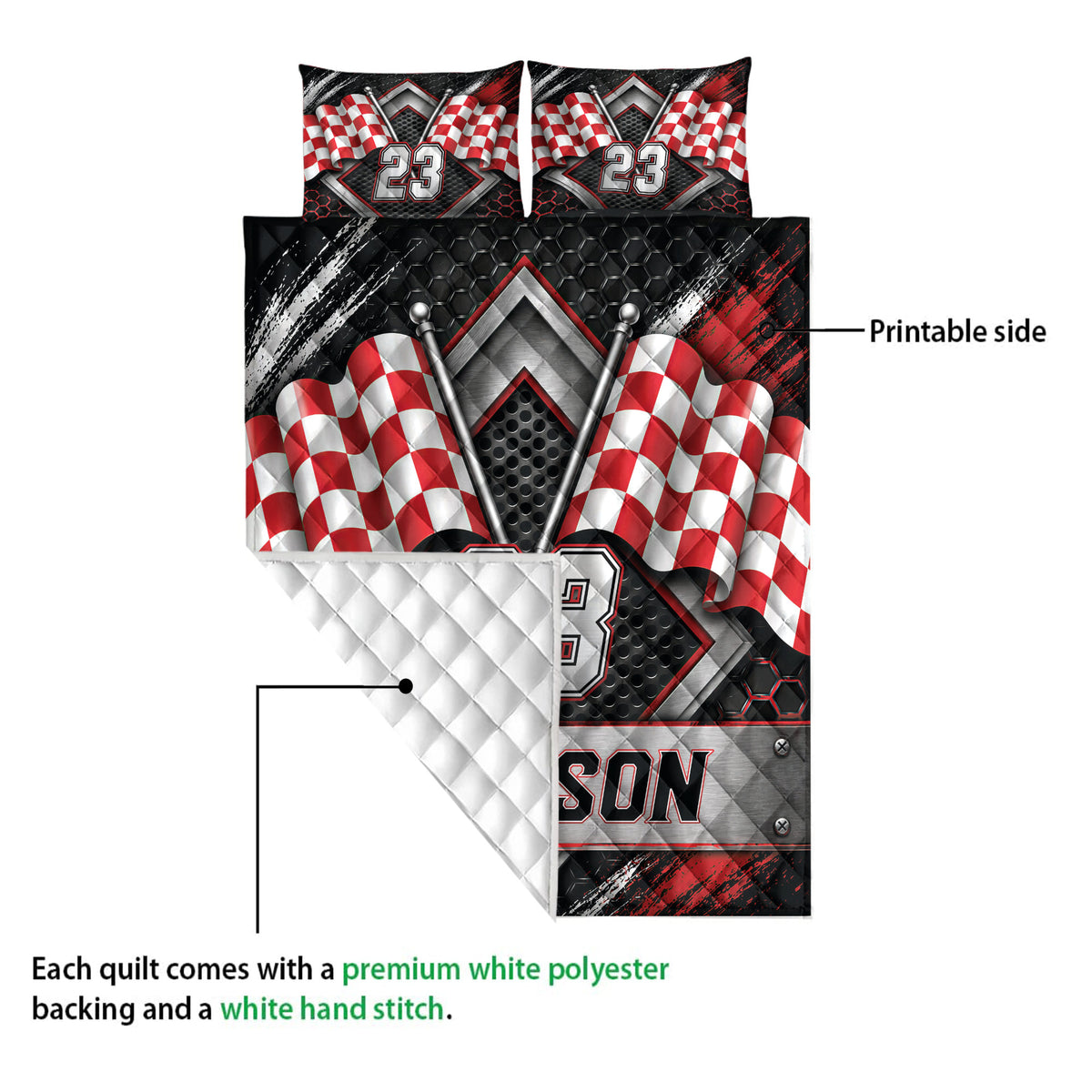 Racing quilt showing the printed front and white quilted backing with checkered flag artwork