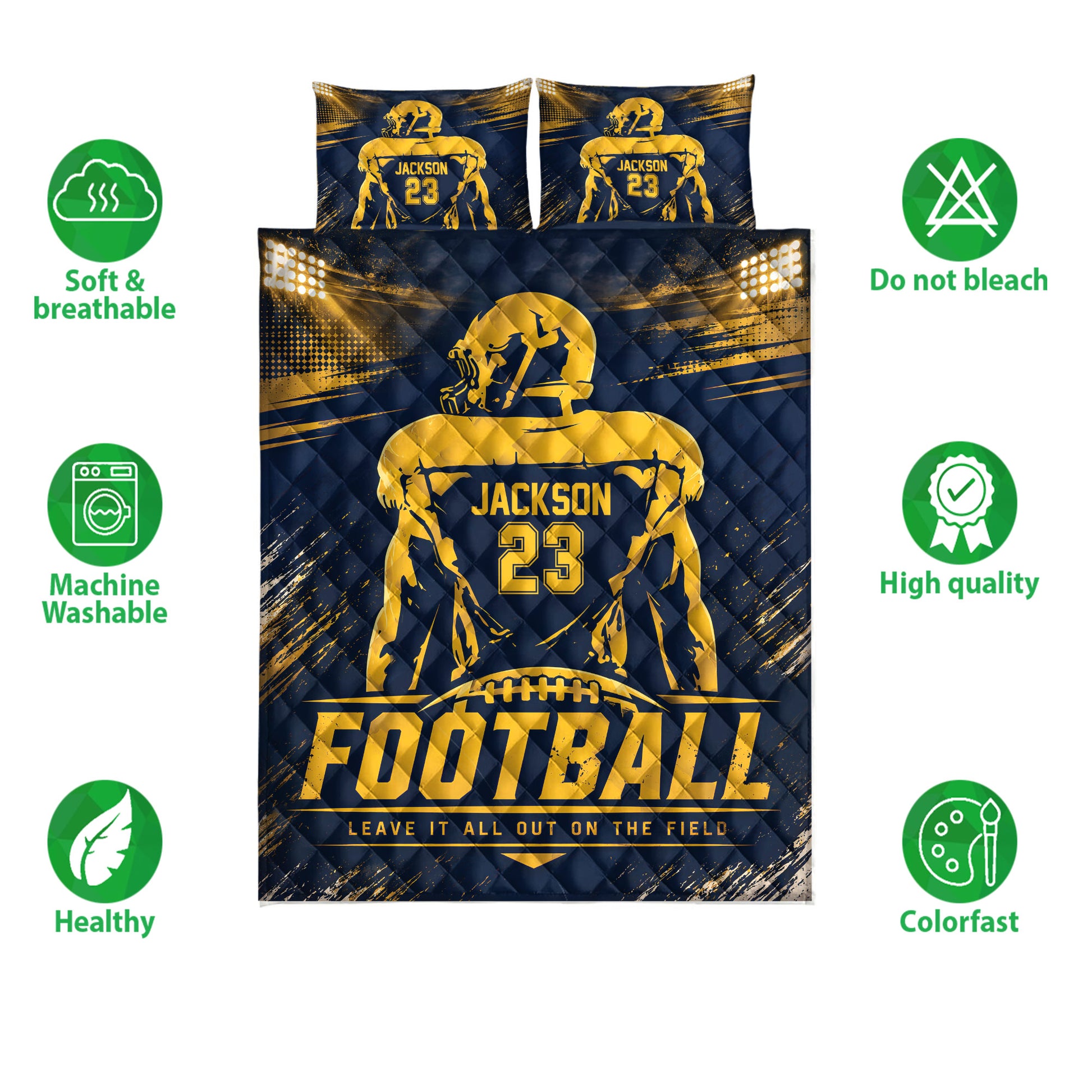 Football quilt bed set with navy and gold player artwork shown with product feature icons
