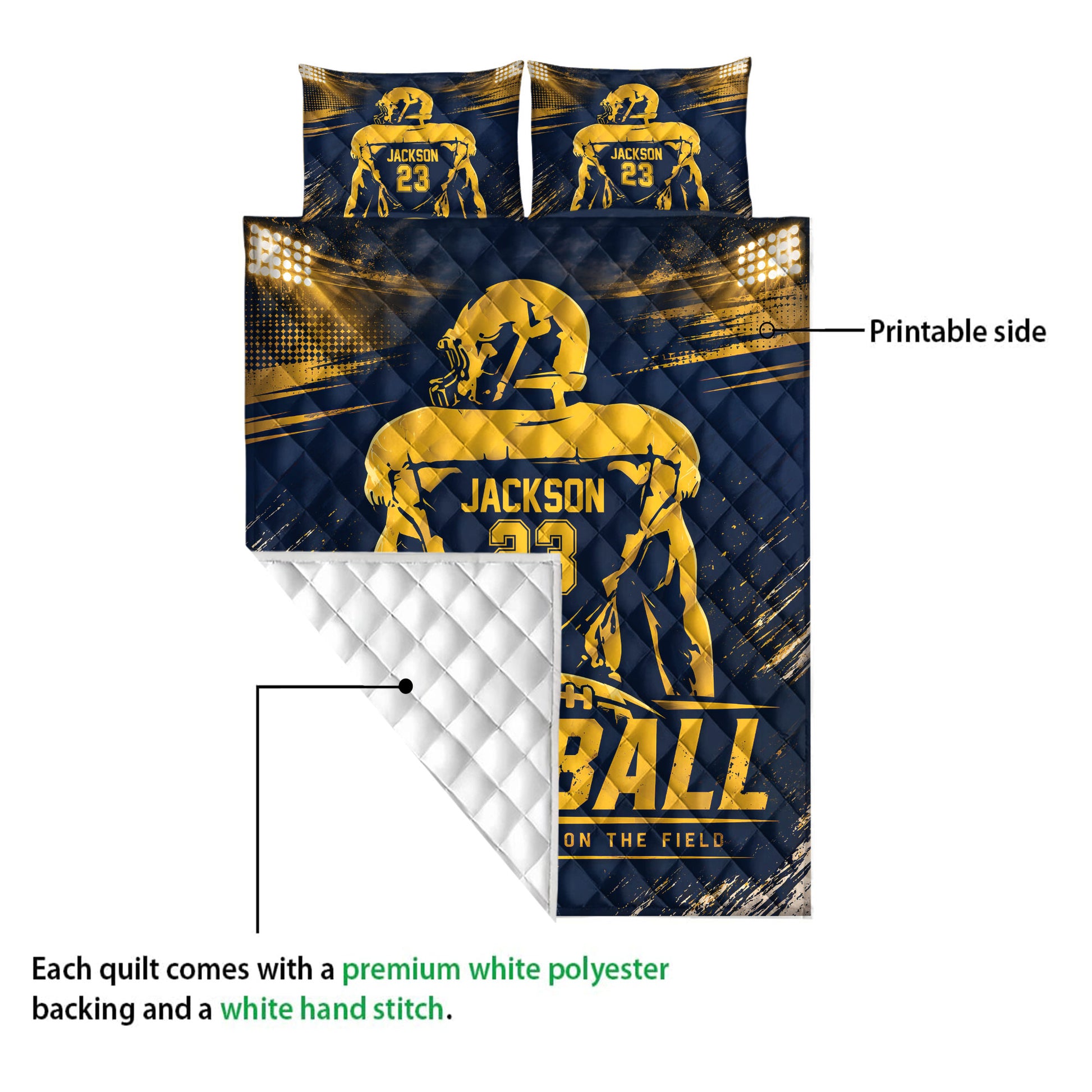 Football quilt blanket detail showing the printed front and quilted white backing
