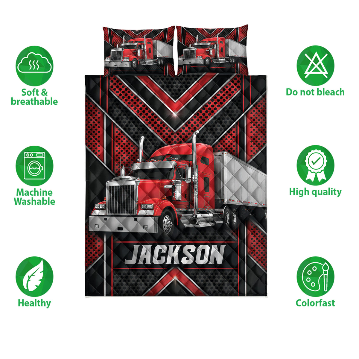 Trucker quilt bedding set shown with red semi-truck artwork, bold black and red patterns, and feature icons