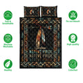 Native Pride quilt bedding set shown flat with feather and arrow artwork, geometric patterns, and colorful details