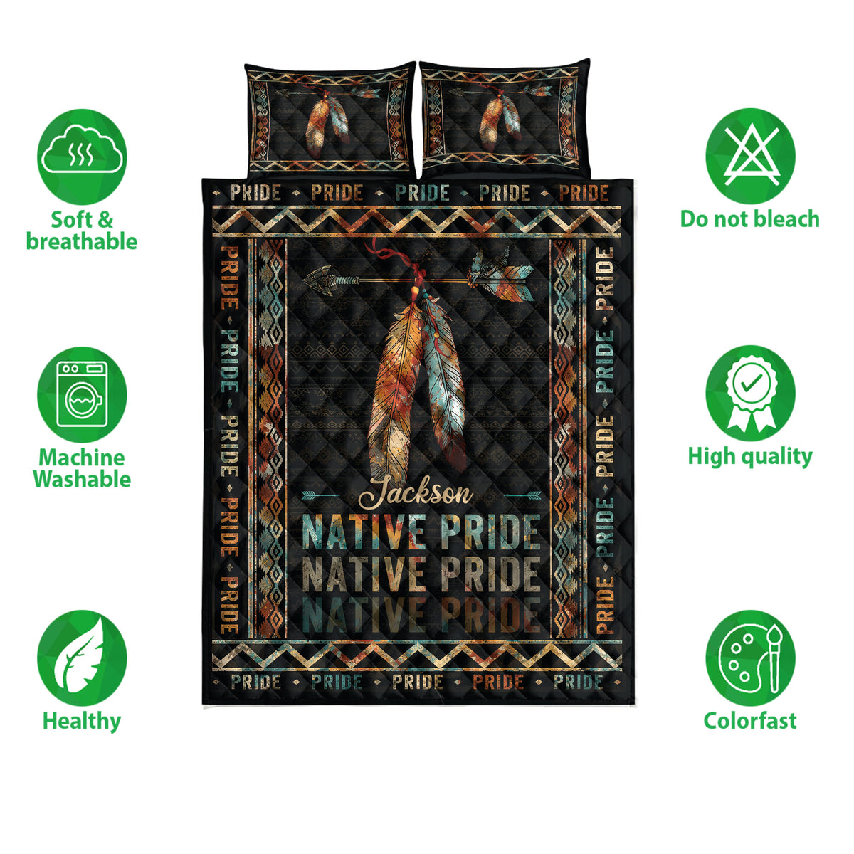 Native Pride quilt bedding set shown flat with feather and arrow artwork, geometric patterns, and colorful details