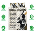 Baseball quilt bedding set shown front-facing with batter artwork, motivational text, and product feature icons