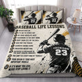 Baseball quilt blanket styled in a bright bedroom with batter artwork, motivational messages, and coordinating pillow designs