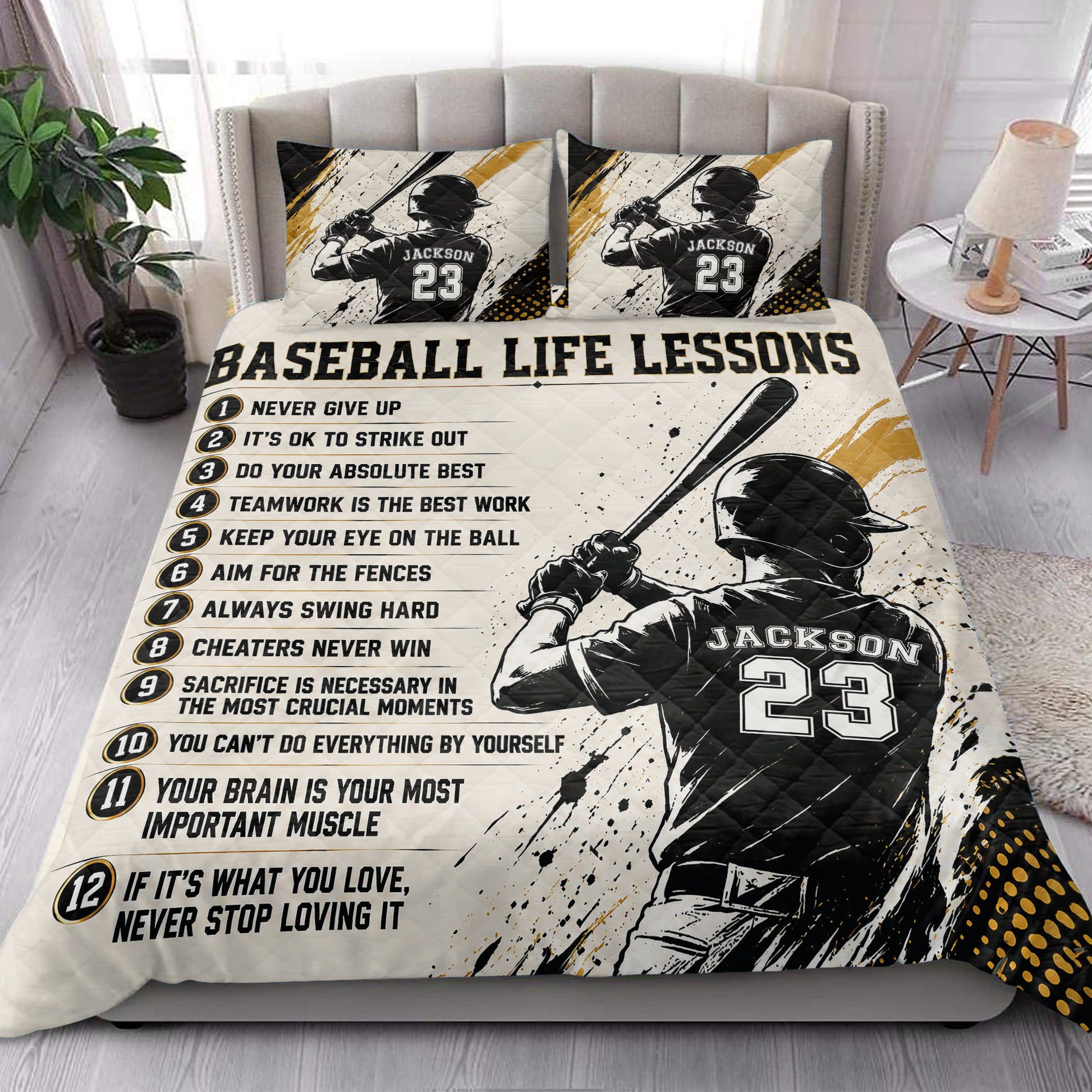 Baseball quilt blanket styled in a bright bedroom with batter artwork, motivational messages, and coordinating pillow designs
