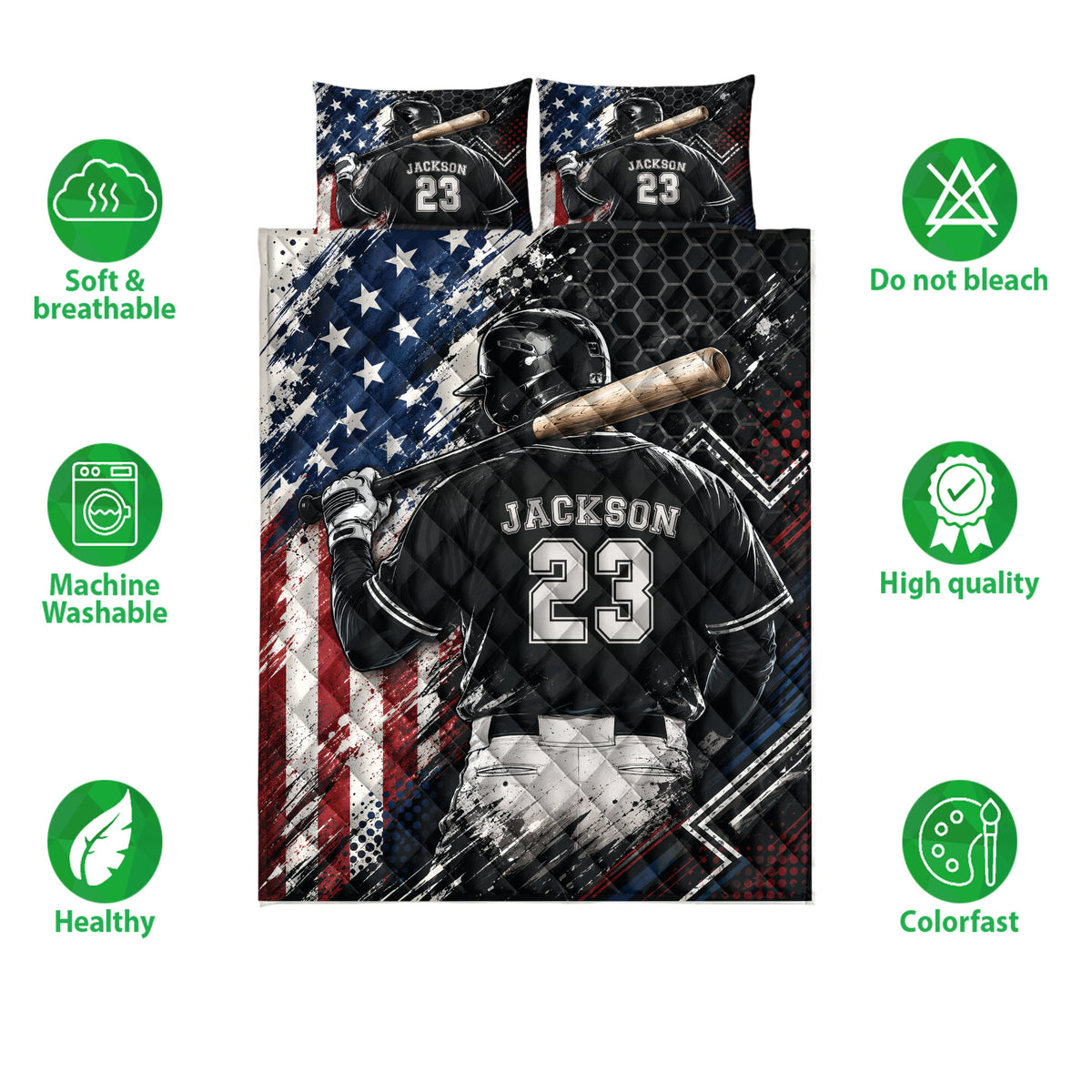 Baseball quilt bedding set shown with breathable, washable, colorfast, and quality feature icons