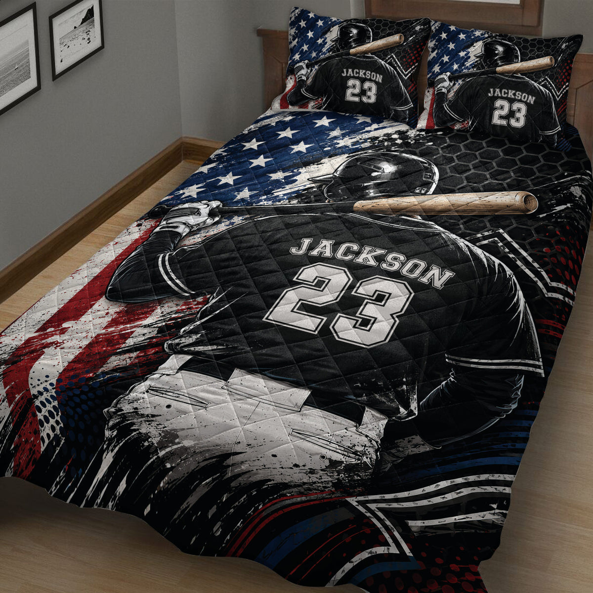Close bedroom view of a baseball quilt blanket with batter, bat, glove, and bold sports artwork