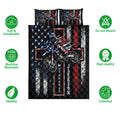 Motocross quilt bedding set shown flat with dirt bike artwork and feature icons around the design