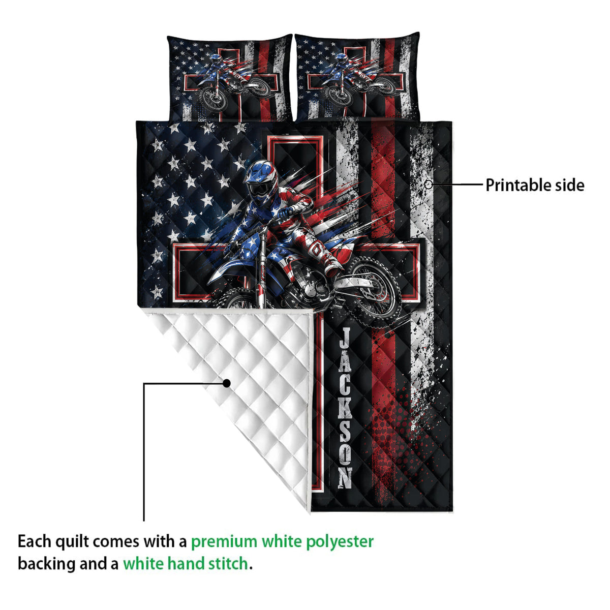 Motocross quilt blanket detail showing the printed front and white quilted backing