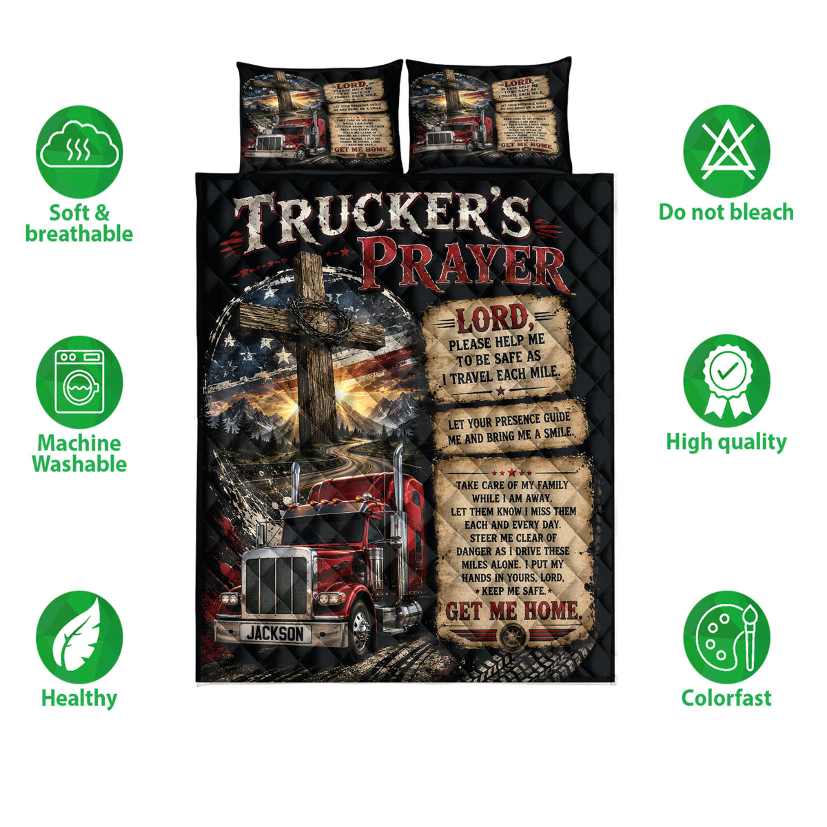 Trucker quilt bedding set shown flat with red semi-truck artwork, patriotic accents, and prayer-themed panels