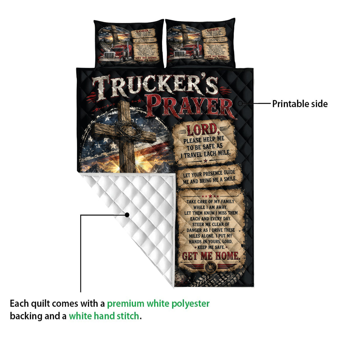 Trucker quilt detail showing a printed red semi-truck, cross artwork, prayer panels, and quilted backing