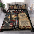 Trucker quilt blanket styled in a bedroom with red semi-truck artwork, mountain scenery, and prayer details