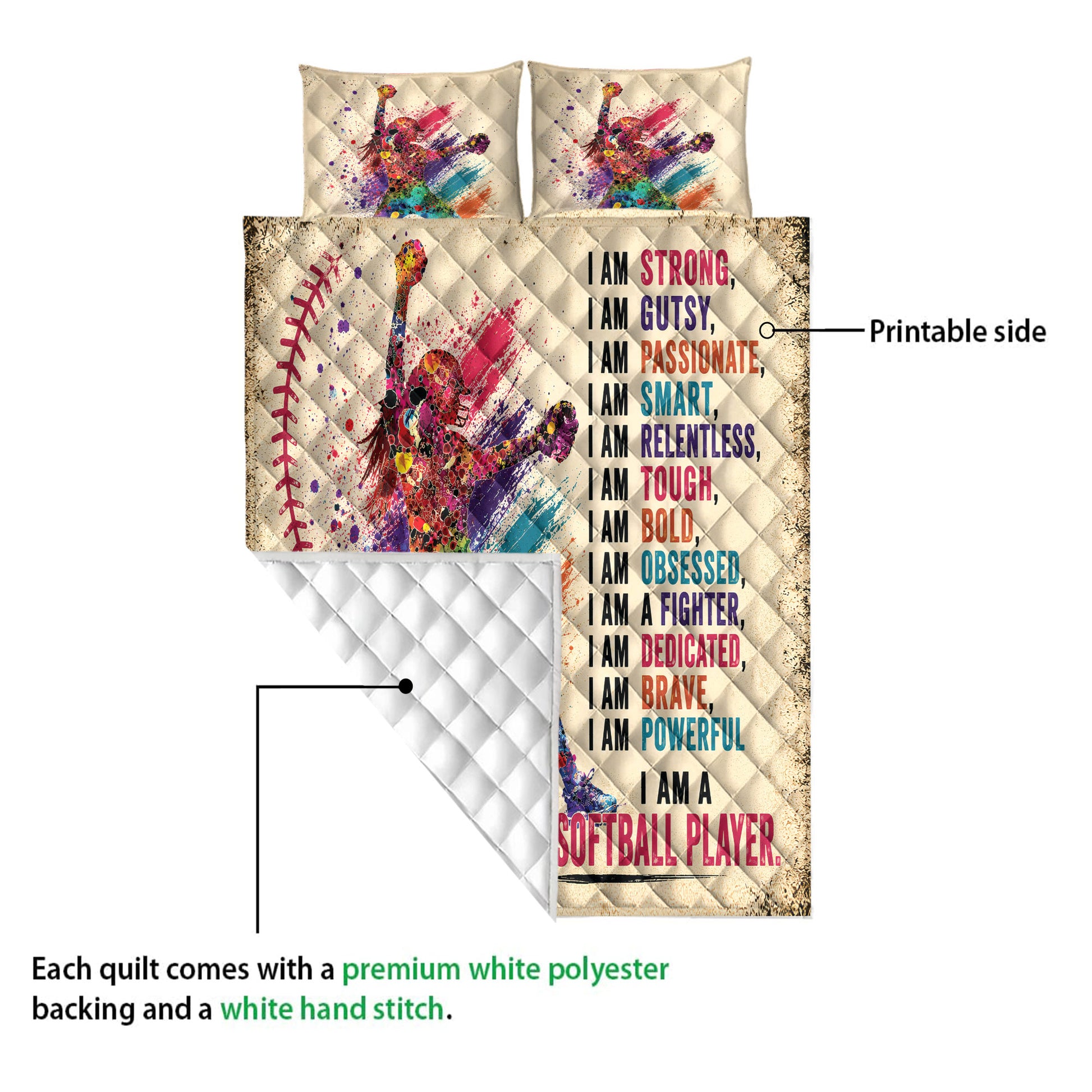 Softball quilt showing the colorful printed front and white quilted backing in a product detail view