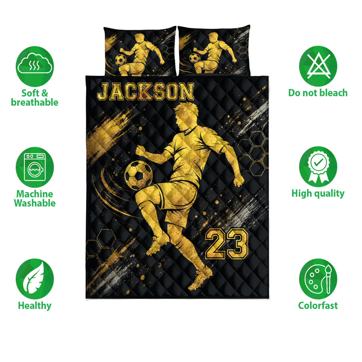 Black and gold soccer quilt bedding set shown front-facing with player artwork and sports-themed graphics