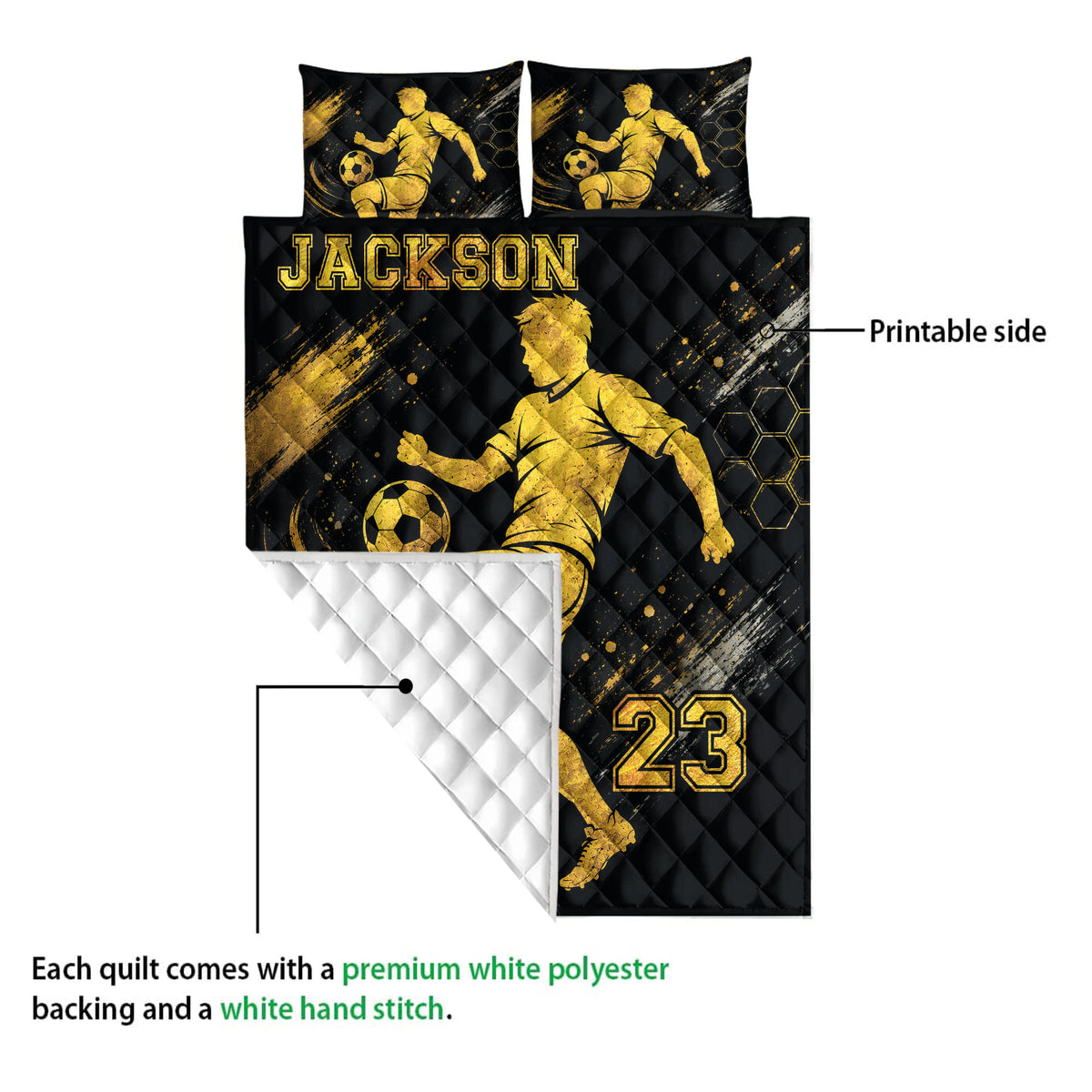 Soccer quilt close-up showing the printed black and gold player design and quilted reverse detail