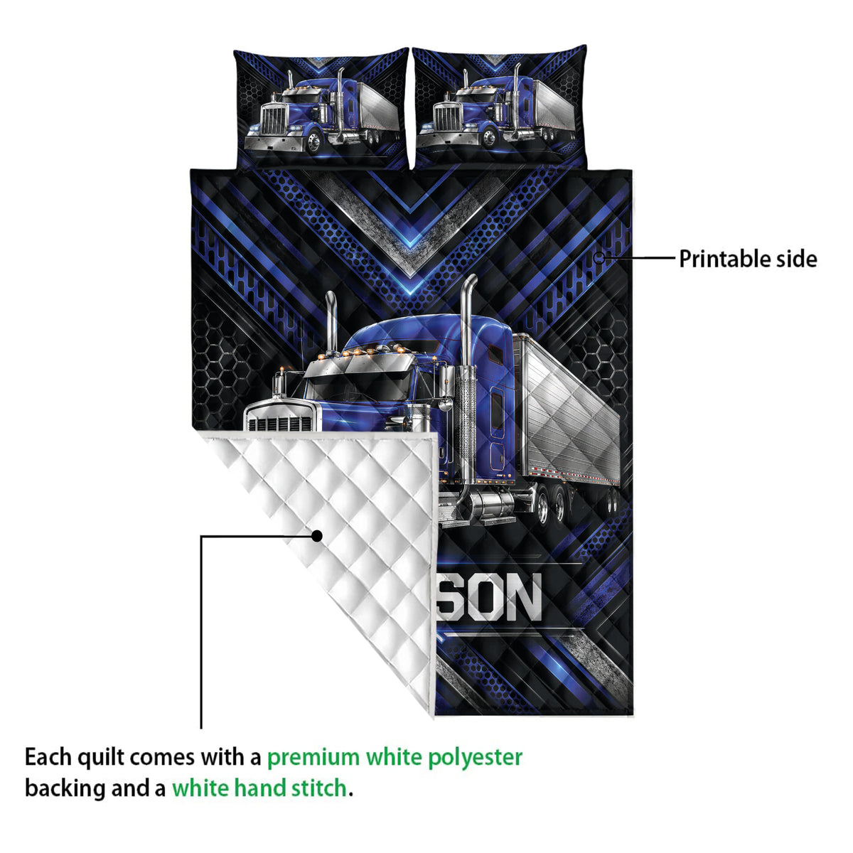 Blue semi-truck quilt showing the printed front and quilted white backing detail