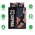 Softball quilt bedding set shown with patriotic sports artwork and product feature icons