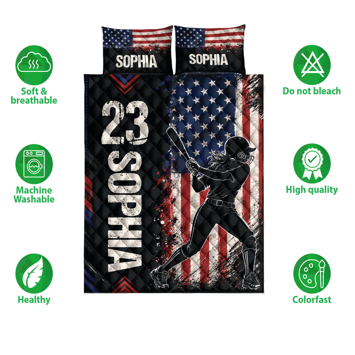Softball quilt bedding set shown with patriotic sports artwork and product feature icons