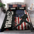 Softball quilt bedding styled in a bedroom with patriotic batter artwork and bold sports graphics