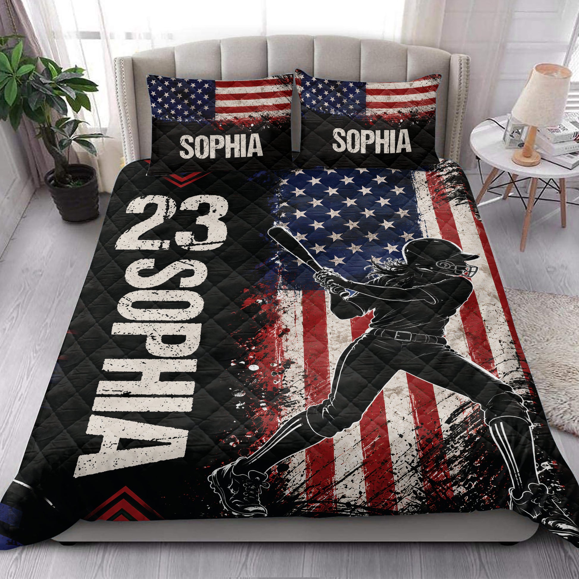 Softball quilt bedding styled in a bedroom with patriotic batter artwork and bold sports graphics