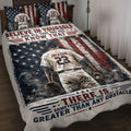 Baseball quilt blanket displayed on a bed with player artwork, patriotic stars and stripes, and motivational sports graphics