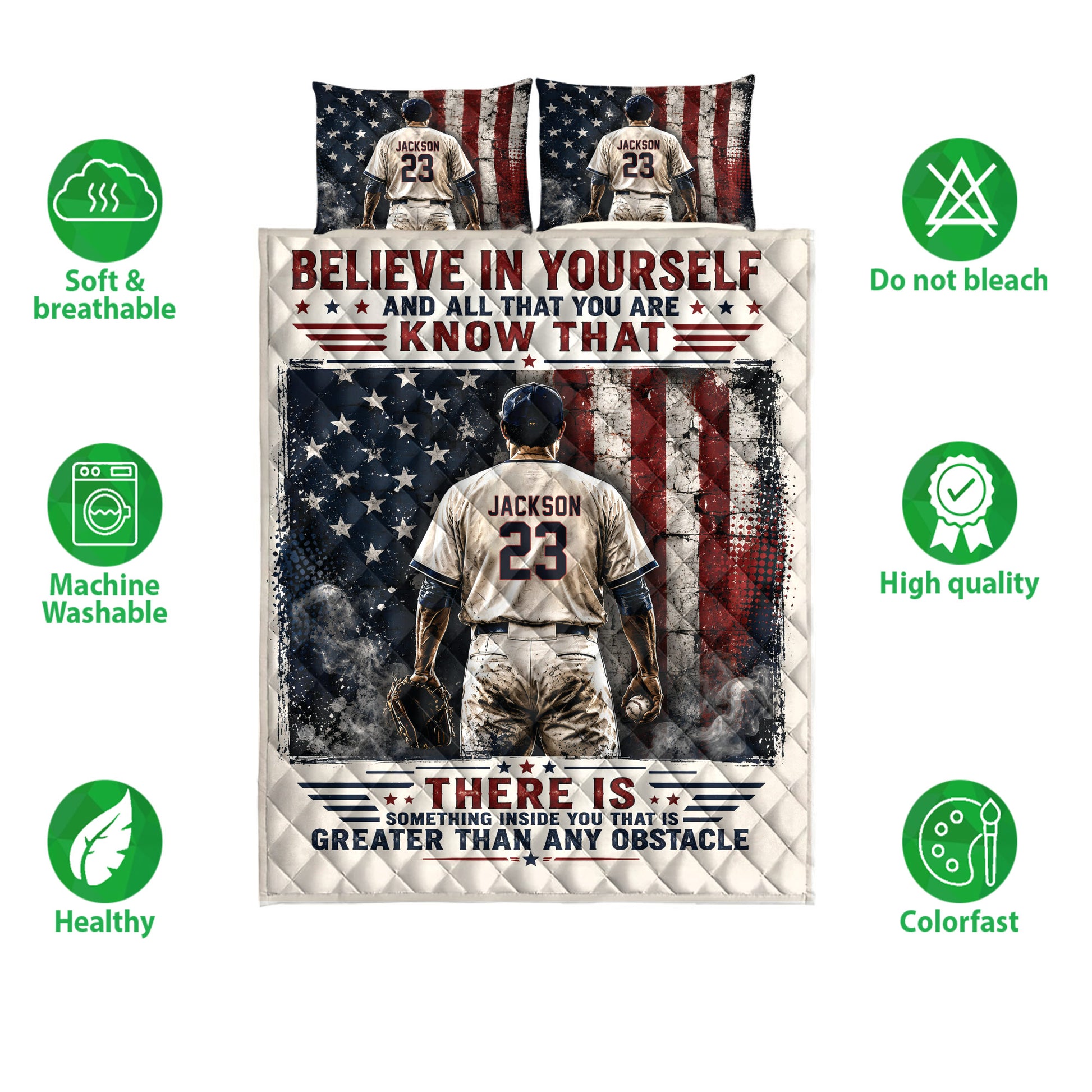Baseball quilt bedding set shown with player artwork, patriotic colors, and product feature icons