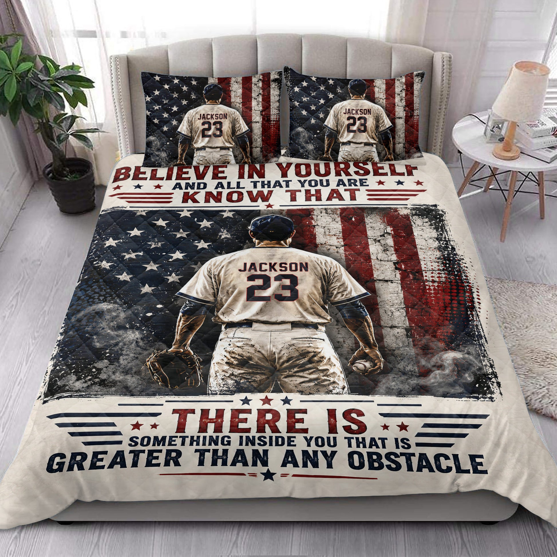 Baseball quilt blanket styled in a bright bedroom with player artwork, stars, stripes, and red white and blue decor