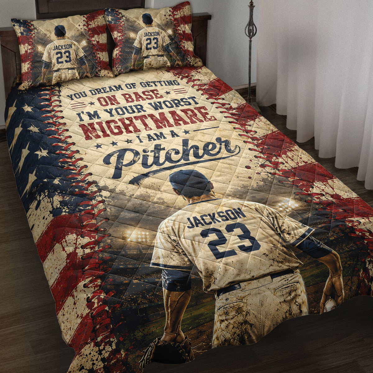 Baseball quilt blanket bedding set displayed on a bed with player artwork, stadium lights, and patriotic red, navy, and cream colors