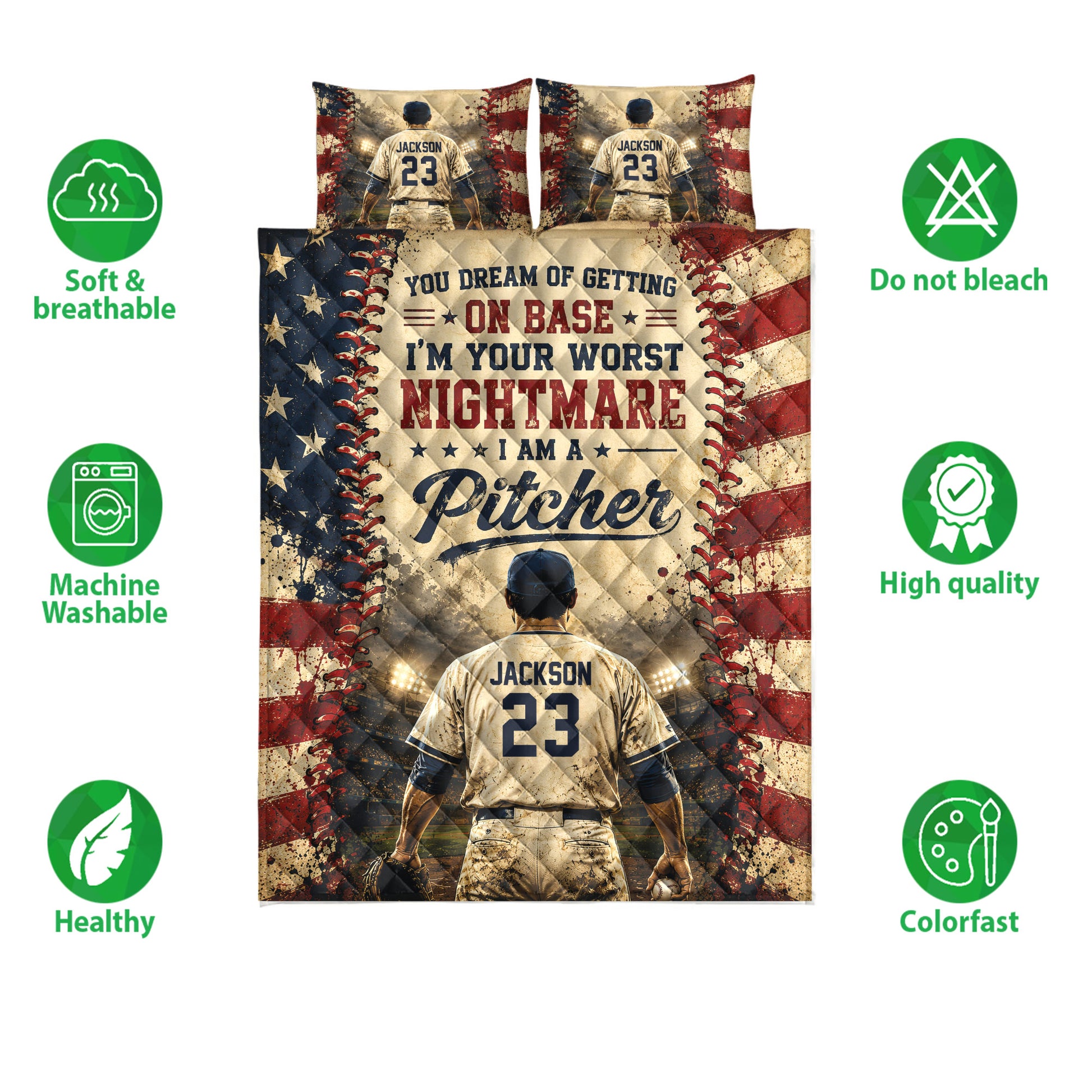 Baseball quilt bedding set shown with player artwork, quilted texture, and soft breathable care feature icons